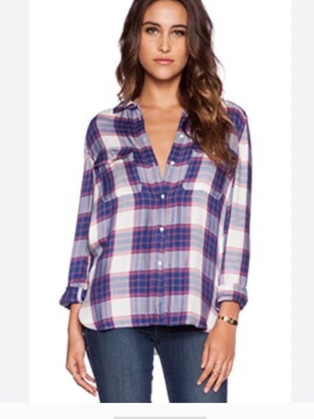 Paige Trudy button down plaid shirt, blue/white/red, size M